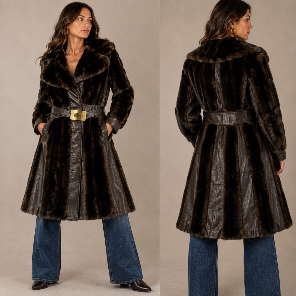 Vtg 70s Faux Fur Leather Panel Trench Coat S Made in Israel Penny Lane Mob Wife